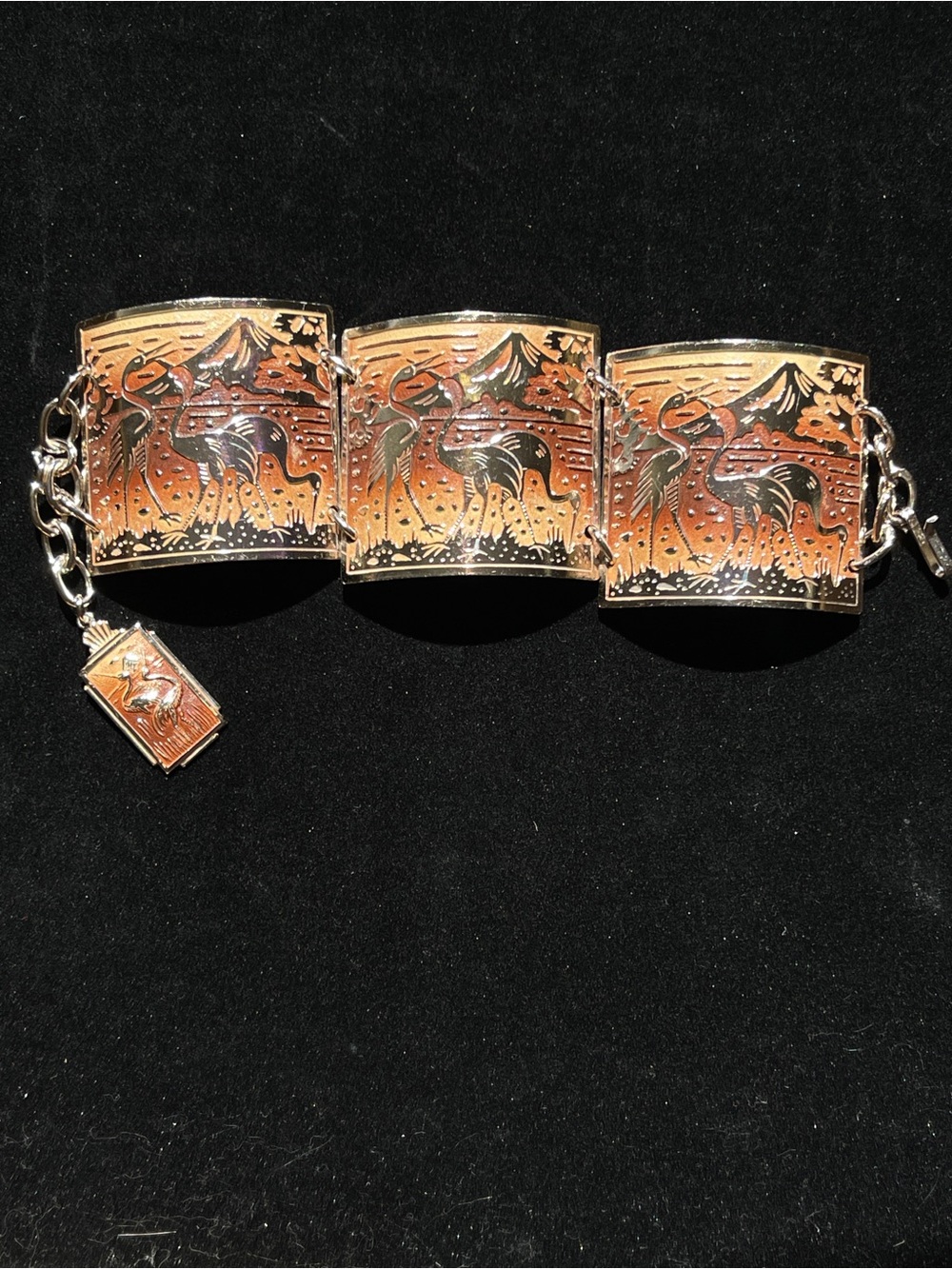 RARE Vintage 1950s West German Eloxal Enamel Crane Japanese Panel Bracelet MCM